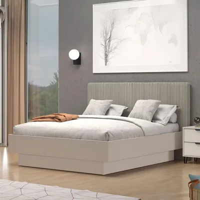 Image de Ragogna - Lit double, gris taupe, tête de lit rembourrée effet velours