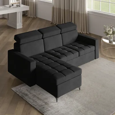 Zdjęcie produktu dla Masseno Narożnik KAME z funkcją spania i pojemnikiem na pościel Kształt L, Rozkładana sofa, Rogówka - Czarny, KRONOS 07
