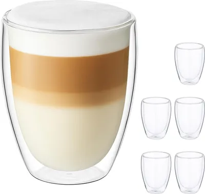 Obrázek produktu pro Sklenice Relaxdays Latte Macchiato, sada 6 ks, dvojité stěny, 350 ml, vhodné do myčky, sklenice na kávu, průhledné