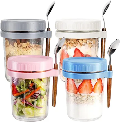 Produktbild von 4-Pack Oats-Gläser Mit Deckel Und Löffel,Wiederverwendbare Overnight Oats-Behält