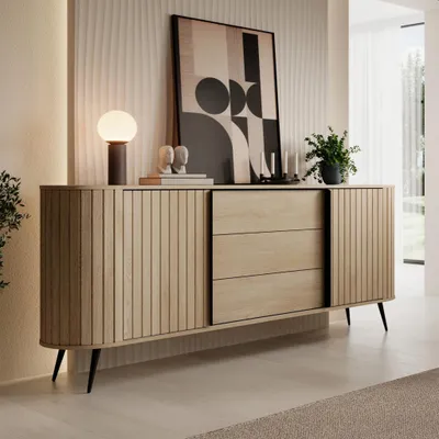 Produktbild von Sideboard LOVI 196 cm Eiche Cremona Riffelfront Schiebetüren Kommode Wohnzimmer