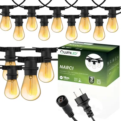 Produktbild von LUMILED Lichterkette Außen 15 Meter mit 30 E27 LED 1,3W Amber Glühbirne Warmweiß 2200K 230V Birnen für Garten Biergarten Party Hochzeit Dekoration Terrasse verlängerbar mit Strom
