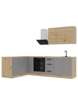 Produktbild von Winkelküche – Eckküche – Küchenzeile L-Form – Komplettküche – Küchenzeile –  Nexa - K99-G270 – 270 × 170 cm– Beige & Woodline Matt