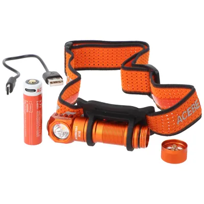 Produktbild von AceBeam H16 LED Stirnlampe mit max. 650 Lumen, 5.000K neutralweiß mit orangenem Gehäuse, inklusive 14500 Li-Ion Akku