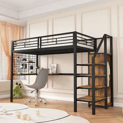 Produktbild von Eisenbett, Etagenbett, Hochbett, Geeignet für Kinder und Jugendliche, Tisch&Kleiderschrank, Seitenleiter,Handlauf, Schwarz+dunkle Holzfarbe, 90x200cm