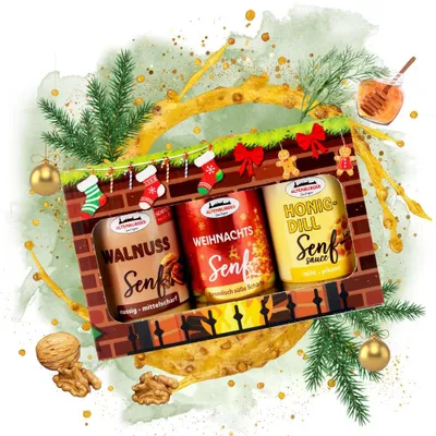 A Christmas-themed gift box containing three jars of mustard, decorated with festive elements like pine branches, ornaments, and gingerbread figures.