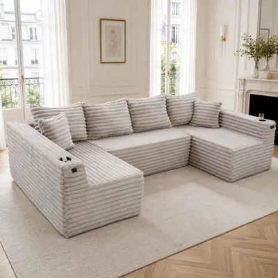 Produktbild von AIORBER U-förmiges Cord-Sofa 6-Sitzer mit Getränkehaltern, Seitentaschen, Federkernpolsterung und Kissen, Hellgrau