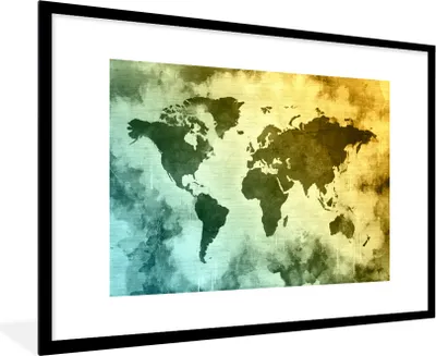 Produktbild von MuchoWow® MuchoWow® Gerahmtes Poster Weltkarte - Grün - Blau 90x60 cm - Poster mit zchwarzem Bilderrahmen - Wanddekoration - Fotos