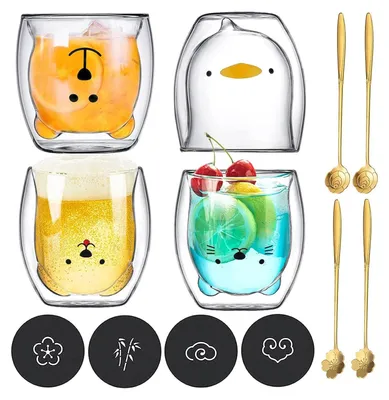 Produktbild von 4 Stück Doppelwandige Isoliergläser mit Löffel und Untersetzer - Kaffeeglas, Teegläser, Trinkgläser, Espressogläser, Kreative Melkbeker, Whisky - Geschenkbecher