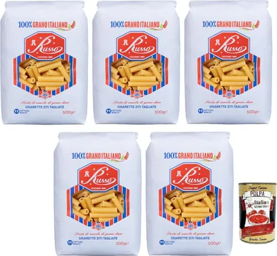 Produktbild von 5x Russo Sigarette Ziti Tagliate N°125 Hartweizengrieß Pasta,100% Italienischer Weizen,500g-Packung + Italian Gourmet Polpa di Pomodoro 400g Dose