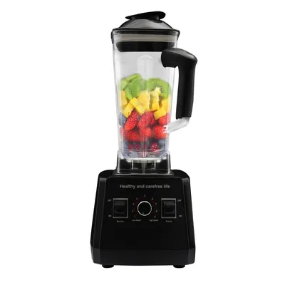 A black stand mixer with a clear pitcher filled with fruit.