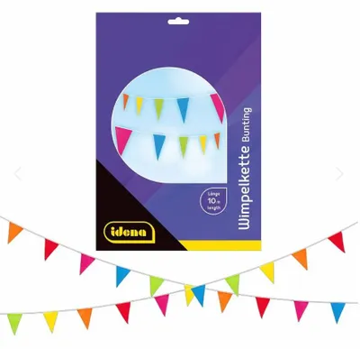 Obrázok produktu pre Idena Trojuholníková viacfarebná vlajočková girlanda, 10 m, 20 vlajočiek, 20 x 30 cm