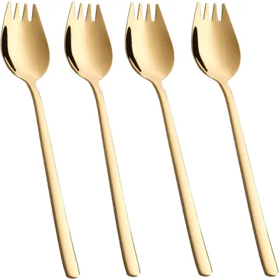 Produktbild von Edelstahl Spork Göffel - 2 in 1 Löffel und Gabel - Camping und Reisebesteck - 4 Stück - Gold