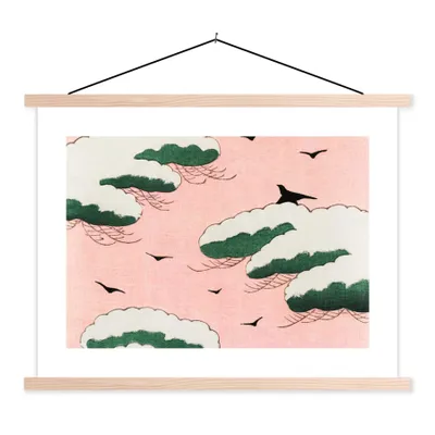 Produktbild von MuchoWow® Textilposter Wolken - Vogel - Japandi - Jahrgang 40x30 cm mit holzfarbenen Rahmen - Bilder