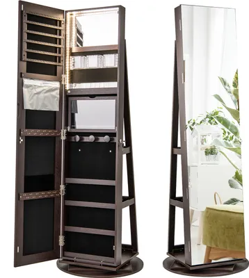 Produktbild von COSTWAY Um 360° drehbarer Schmuckschrank, abschließbarer Spiegelschrank mit dreifarbigen LED-Leuchten, freistehender Schmuck-Organizer Dunkelbraun