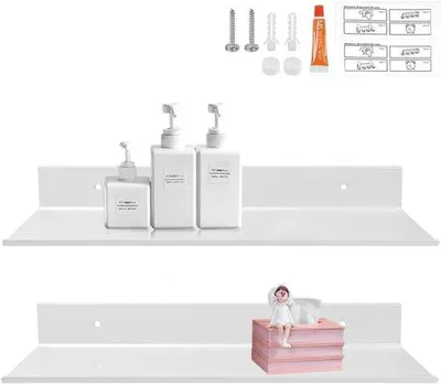 Produktbild von Set aus 2 Wandregalen, weiß, aus Metall, schwebend, für Badezimmer und Küche, 40 cm