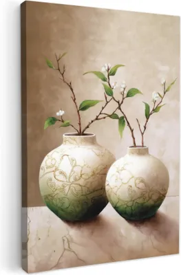 Zdjęcie produktu dla MuchoWow® - Obraz na płótnie - Kwiaty - Wazon - Biały - Botaniczny - Beżowy, fototapeta, dekoracja ścienna, obrazy do salonu, 60x90cm