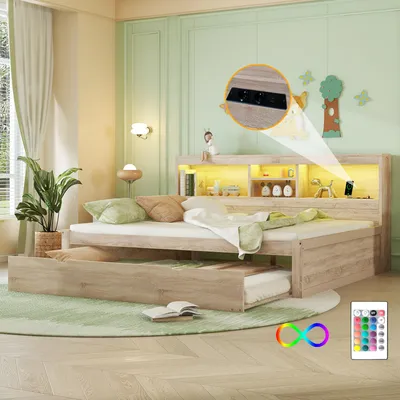 Immagine prodotto di Divano letto Sweiko, letto diurno, letto diurno, 140x200cm, con luci LED, vano letto, letto estraibile, presa + USB, senza materasso, natura