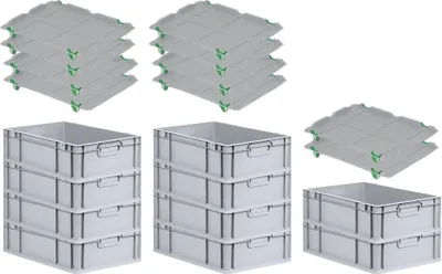 Produktbild von SparSet 10x Eurobox NextGen Economy mit Auflagedeckel und 4x Schiebeschnappverschlüsse Grün | Griffe geschlossen | HxBxT 17x40x60cm | 34 Liter | Eurobehälter, Transportbox, Transportbehälter, Stapelbehälter