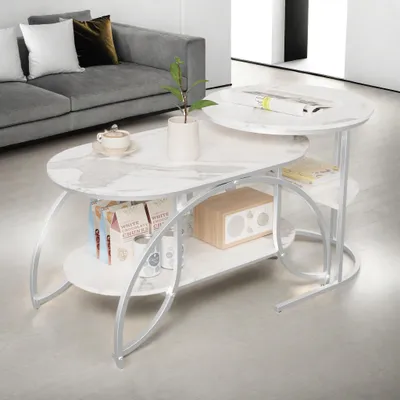 Produktbild von ProximaX 2-teiliges Nesting-Couchtisch-Set, runder Couchtisch in Marmor-Optik, Metallbeine, Industrie-Stil, Wohnzimmer-Tische (80x46x45 + 52x52x51 cm)