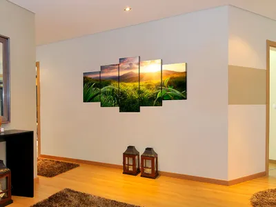 Produktbild von Akustikbild Landschaft Natur 200x100 cm Bilder Akustikschaum Hochleistungsschallabsorber Schallschutz Leinwand 5 tlg Wandbild Raumakustik Schalldämmung Gebirge Wiese c-A-0095-b-m