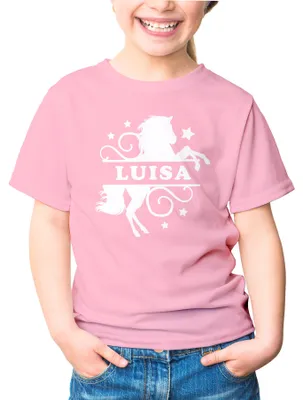 Produktbild von Kinder T-Shirt Mädchen Pferd Motiv eigener Name personalisierbares Geschenk für Mädchen Reiten Moonworks® rosa 98-104 (3-4 Jahre)