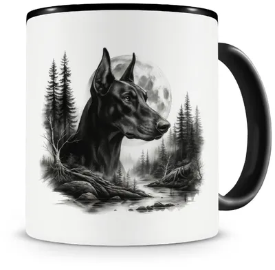 Productafbeelding van Koffiemok - Met motief van een Dobermann in het bos - Geschikt voor hondenbezitters - 330 ml