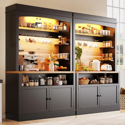 Produktbild von Hoher Küchenschrank 107x43x184cm – Vitrine & Anrichte mit LED & offenem Regal, hoher Vorratsschrank, Schwarz