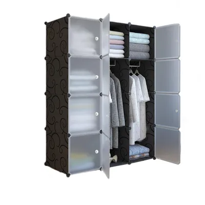 Produktbild von Tragbarer Kleiderschrank stapelbarer Kunststoff DIY-Modulschrank mit Türen Kleiderschrank für das Schlafzimmer, Aufbewahrungsorganizer schwarz