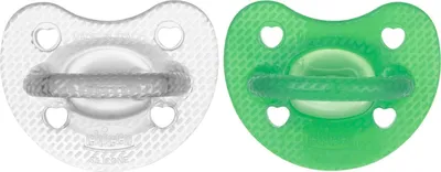 Immagine prodotto di Ciucio Chicco PhysioForma Luxe, in silicone, per bambini da 6 a 16 mesi, set di ciucci morbidi e delicati, che supportano la respirazione fisiologica e favoriscono lo sviluppo corretto della bocca, confezione da 2 pezzi, colore verde e trasparente
