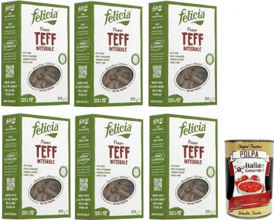 Produktbild von 6x Felicia Penne di Teff Integrale,Pasta mit 100% Vollkorn Teff,Authentischer Geschmack der äthiopischen Küche,Packung mit 250g + Italian Gourmet Polpa di Pomodoro 400g Dose