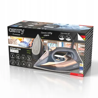 The product packaging for a steam iron is shown, with the iron itself prominently displayed.