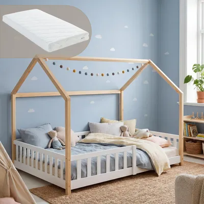 Produktbild von Hausbett ‘Hesel’ für Kinder mit Matratze und Rausfallschutz 120 x 200 cm Kiefernholz Weiß/Natur
