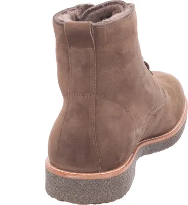 A single brown suede boot shown from the back.