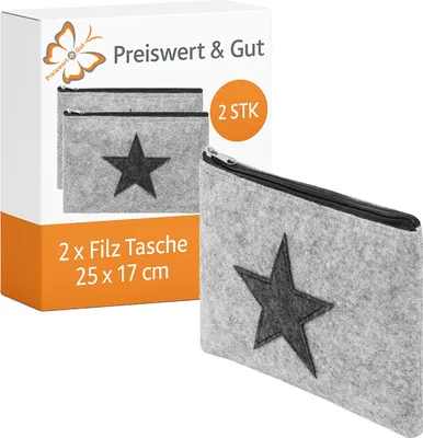 Produktbild von 2x Kulturtasche Damen oder Kulturbeutel Herren aus Filz mit Stern 25x17,5 cm als Kosmetiktasche groß, Schminktasche Grau