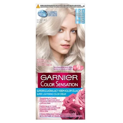 A box of Garnier Color Sensation hair dye with a model showcasing the hair color.
