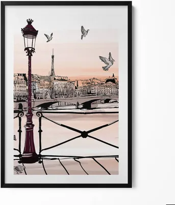 Produktbild von Sonnenuntergang über der Seine– Wandbild mit Rahmen – Gerahmtes Bild  – Wanddekoration – 70x100 cm –  Schwarz Rahmen