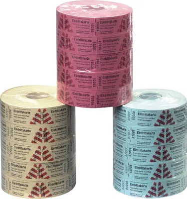 Produktbild von Eintrittskarten auf Rolle blau/rot/gelb/grün VE=8x5 Rollen