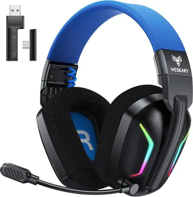 Produktbild von Gaming Headset für PS5, PS4, PC, Switch, Handy, Mac, Laptop, 2,4 GHz mit Noise Cancelling Mikrofon, 60H Akku, LED-Licht, Faltbar, Surround Sound