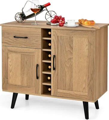 Immagine prodotto di Credenza COSTWAY con portabottiglie per 6 bottiglie, cassettiera su rotelle con cassetto estraibile e ripiani regolabili, mobile buffet da cucina mobile per vini 90x40x79cm, naturale