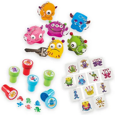 Produktbild von Lustige Monster Mitgebsel-Set Schlüsselanhänger Kinderstempel und Tattoos