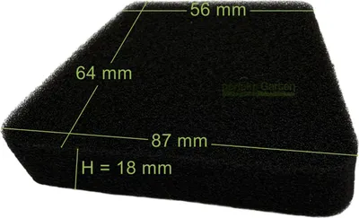 A black air filter with dimensions indicated by green lines and text.