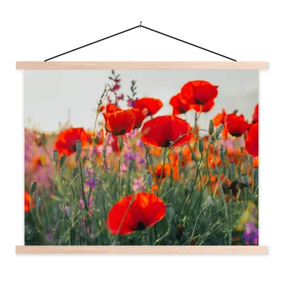 Produktbild von MuchoWow® Textilposter Mohn - Blumen - Rot - Lila - Wiese 40x30 cm mit holzfarbenen Rahmen - Bilder