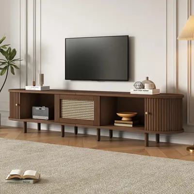 Produktbild von okwish TV-Schrank,Sideboard,Lowboard,Aufbewahrungsmöbel,Schrank mit Stauraum ,TV-Ständer für Wohnzimmer,verstellbare Füße,Rattan flechten, Dunkle Walnuss