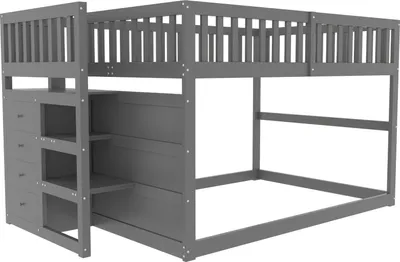 Image de OKWISH Lit superposé bas 140×200 cm avec espace de rangement, lit mezzanine avec barrière de sécurité, lit en bois massif avec sommier (lit inférieur sans sommier), gris