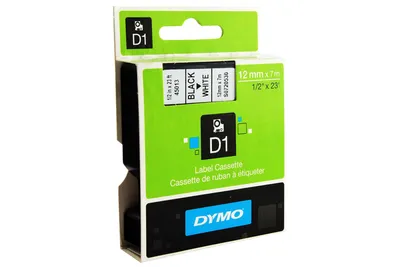 Zdjęcie produktu dla DYMO D1 oryginalne etykiety | Czarny nadruk na białej taśmie | 12 mm x 7 m | Etykiety samoprzylepne do drukarek etykiet LabelManager | Wyprodukowane w Europie, Czarny na białym, Poliester, Belgia, -18 - 90 °C, DYMO, LabelManager, LabelWriter 450 DUO