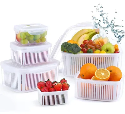 Productafbeelding van Bewaarboxen voor fruit en groenten, met deksel en zeef, set van 5, BPA-vrij, wit
