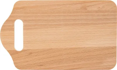 A wooden cutting board with a handle cutout.