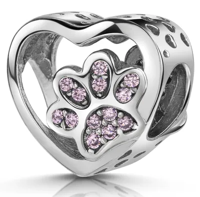 Produktbild von MATERIA by Matthias Wagner 925 Silber Herz Bead mit Pfote und rosa Zirkonia Steinen für Armband / Kette 533