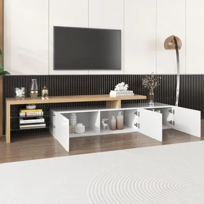 Image de MODFU Meuble TV 197,5x39x42 cm - 3 portes en verre et LED - Blanc